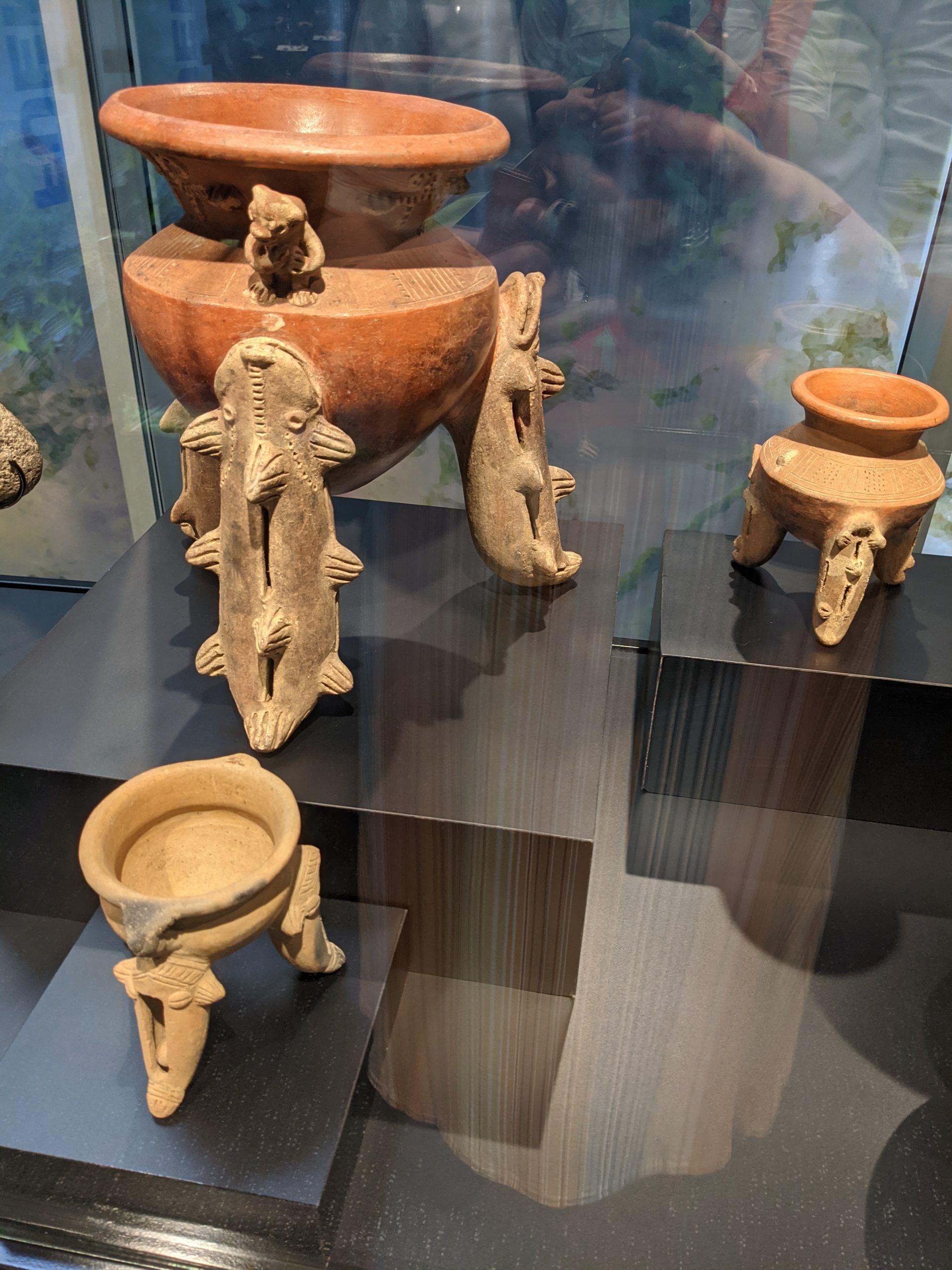 Three pieces of pottery made from Costa Rica's Indigenous tribes that include sea creatures